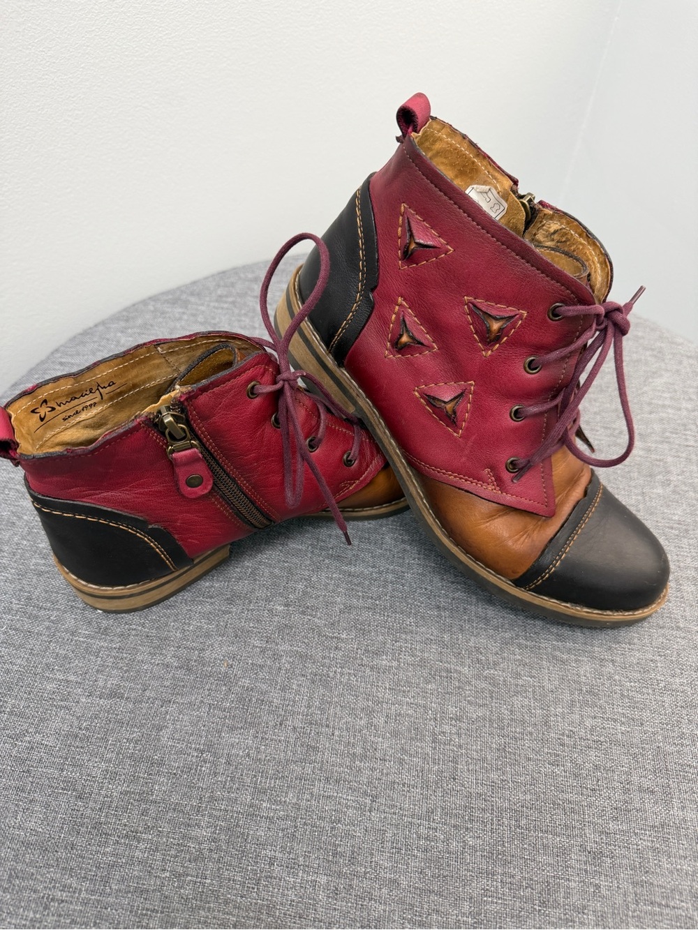 European Burgundy, Tan & Black Leather Ankle Boots size 37